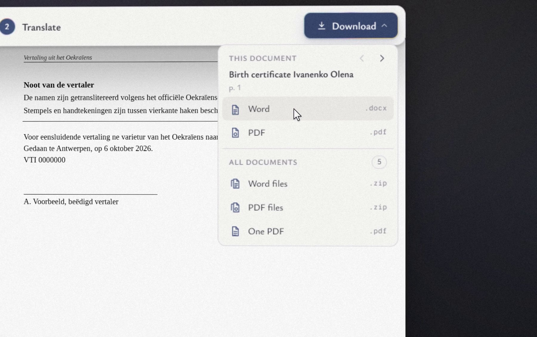 Download menu with Word and PDF