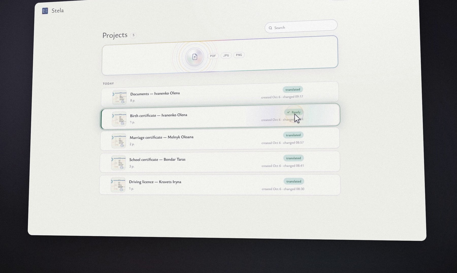 The translator's own list of projects